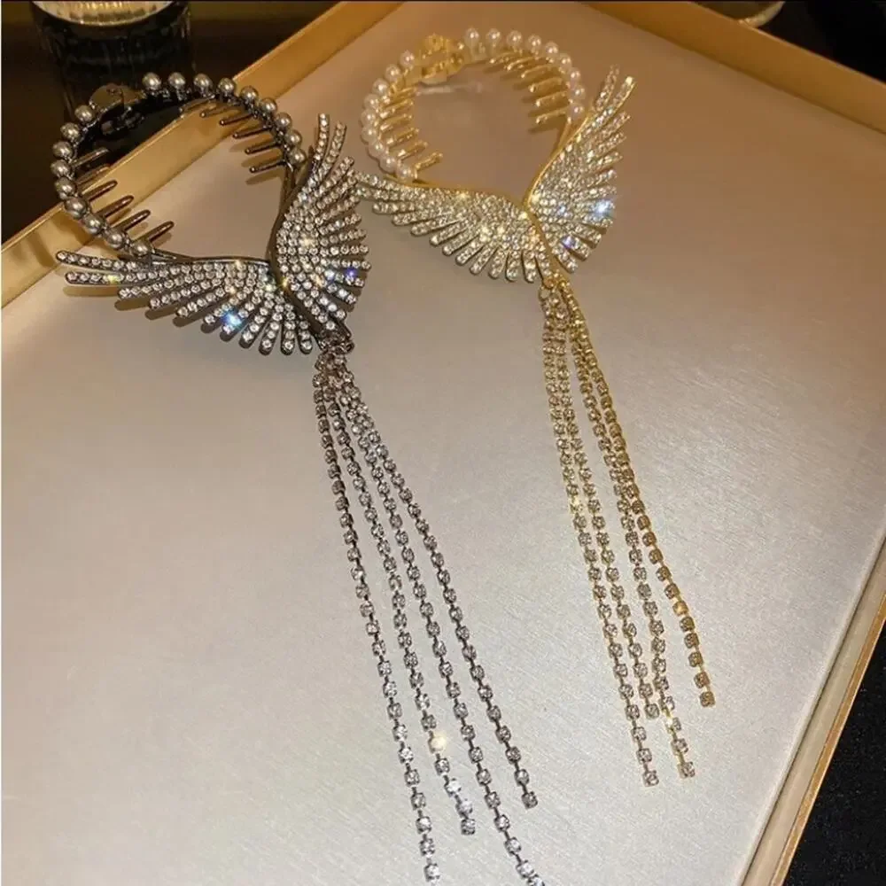 Silver Pearl Rhinestone Angel Wing Hair Clip Claw Hair Accessory